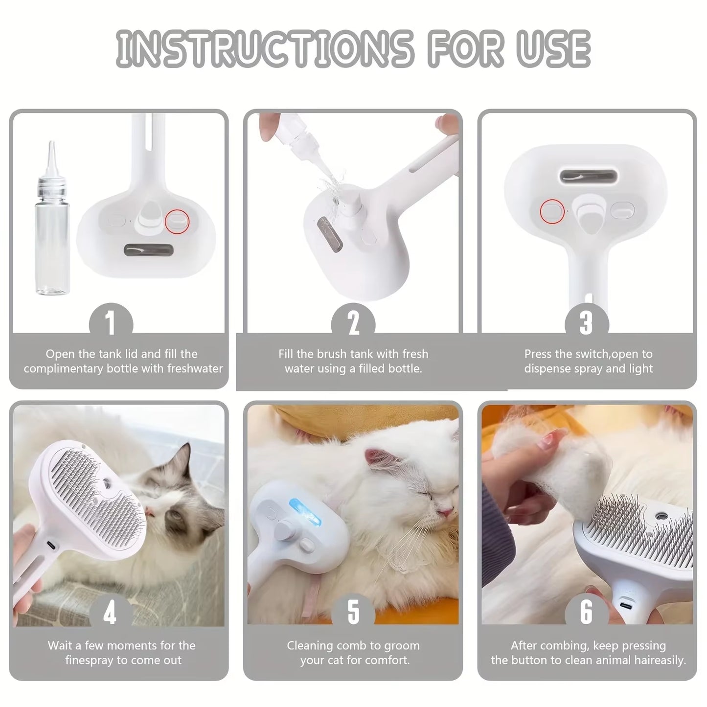 3-in-1 Electric Pet Grooming Brush with Steam Spray and Massage Function for Effective Hair Removal and Anti-Tangle Care
