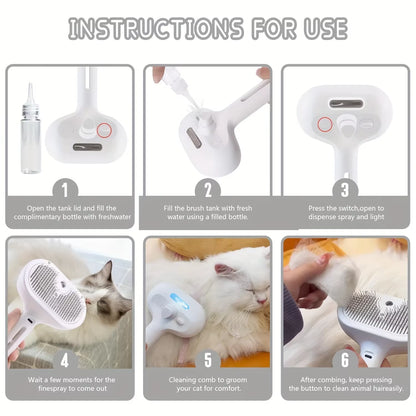 3-in-1 Electric Pet Grooming Brush with Steam Spray and Massage Function for Effective Hair Removal and Anti-Tangle Care